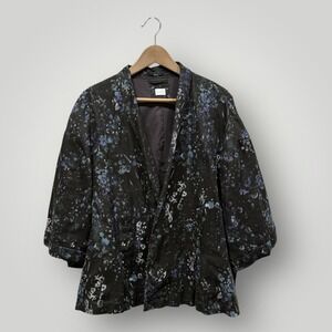 POETRY Womens Kimono Jacket Black Floral Print‎ Linen Blend Size Large